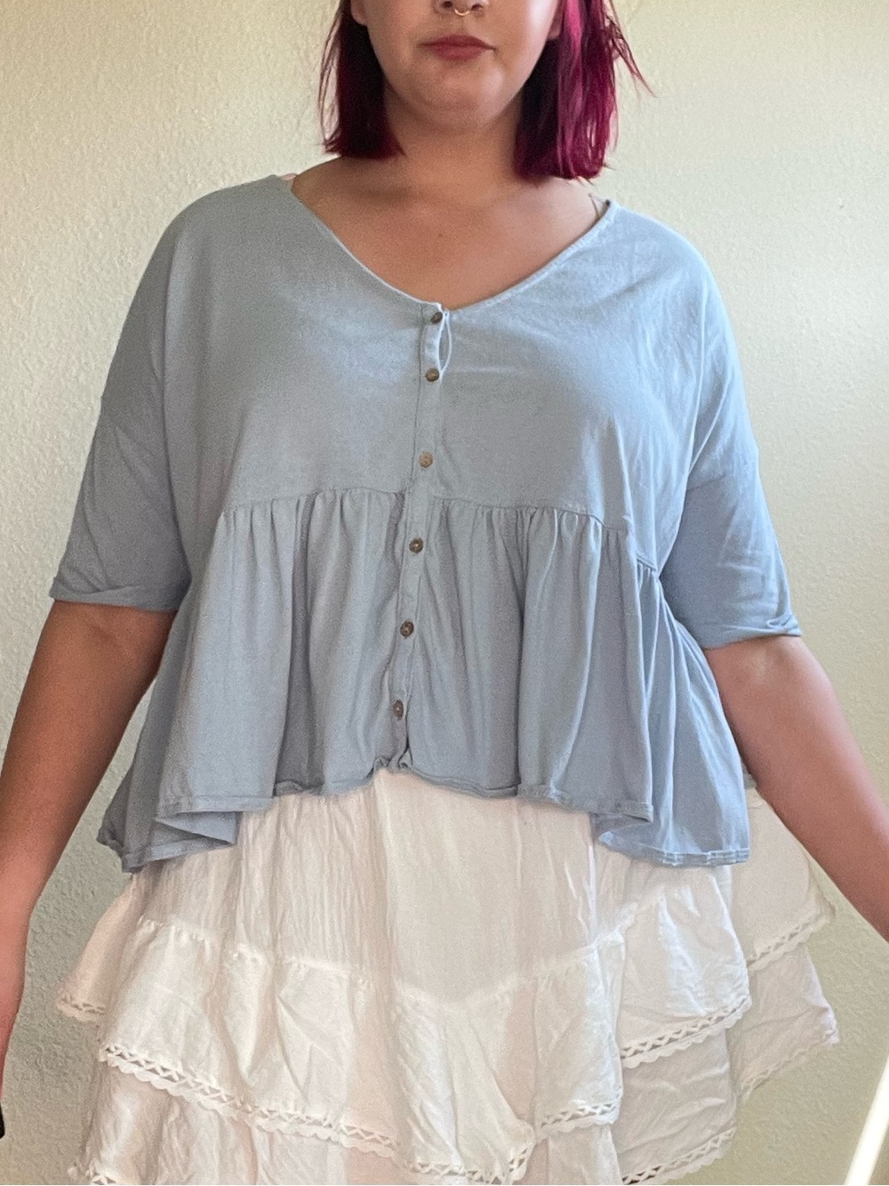 Oversized peplum boho preppy comfy button up blouse blue